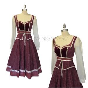 Gunne Sax Peplum Midi Dress Size 9 Burgundy Floral Calico Velvet Corset 70s VTG